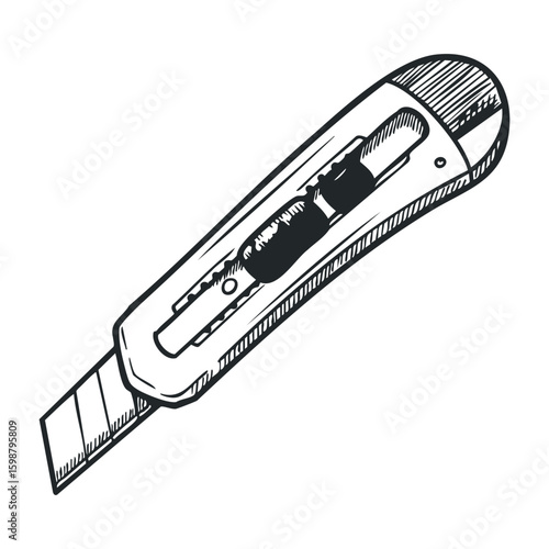 Detailed black and white utility knife illustration with extended blade. Vector illustration