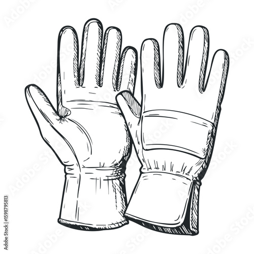 Sketch of protective work gloves with detailed stitching in black and white. Vector illustration