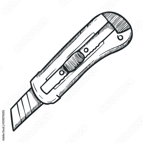 Detailed sketch of retractable utility knife with textured grip and sharp blade. Vector illustration