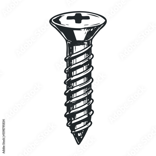 Detailed black and white illustration of a metal screw with crosshead. Vector illustration