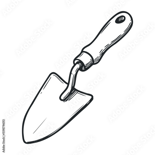 Black and white illustration of a garden trowel with wooden handle. Vector illustration