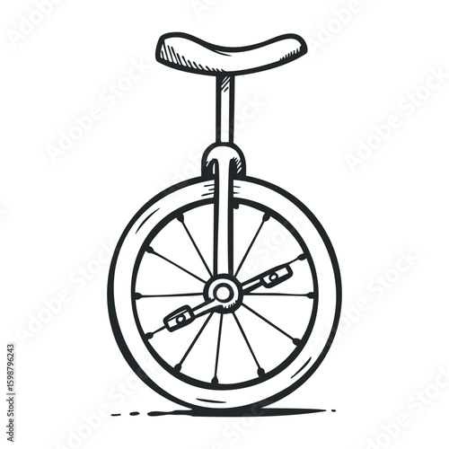 Monochrome sketch of unicycle with detailed design and black lines. Vector illustration