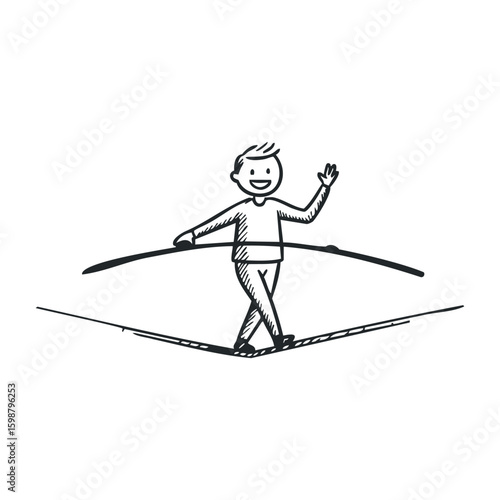 Stick figure walking on tightrope smiling male child line art illustration. Vector illustration