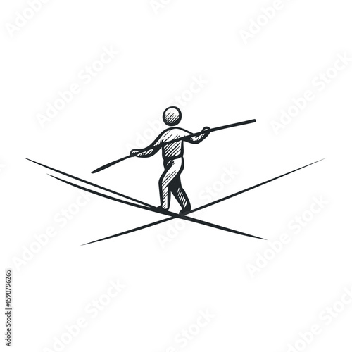 Monochrome tightrope walker sketch balancing on wire. Vector illustration