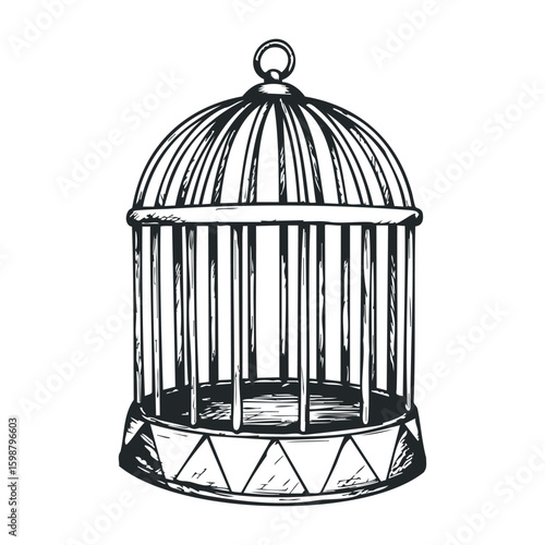 Black and white birdcage with vintage design and geometric base illustration. Vector illustration