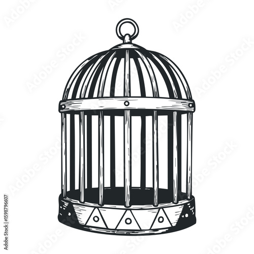 Vintage birdcage design with metal bars and ring handle. Vector illustration