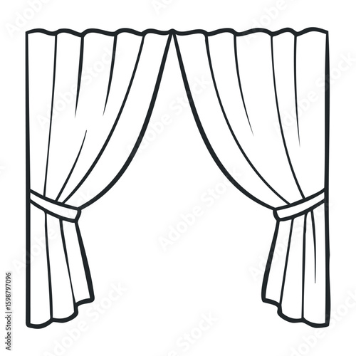 Elegant black and white drawn curtain with dramatic folds and ties. Vector illustration