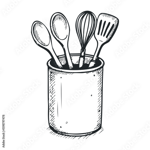 Kitchen utensils in holder: spoon, whisk, spatula in black and white sketch style. Vector illustration