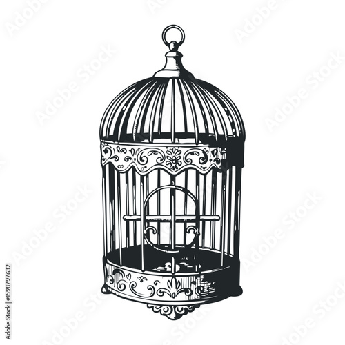 Ornate vintage bird cage with decorative ironwork and perch in monochrome. Vector illustration