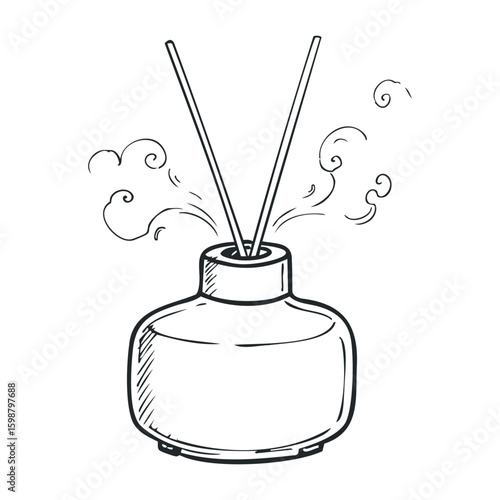 Hand-drawn scented reed diffuser with aroma sticks and fragrance swirls. Vector illustration
