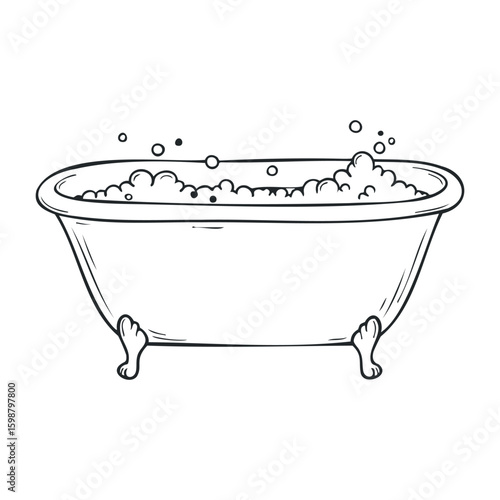 Vintage clawfoot bathtub with bubbles illustration for bathroom decor. Vector illustration