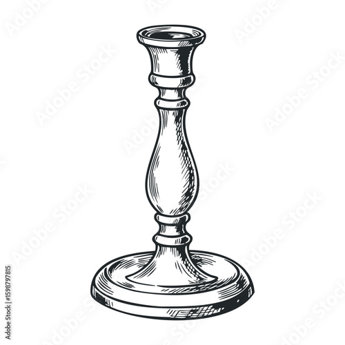 Elegant vintage candlestick in detailed black and white sketch style. Vector illustration