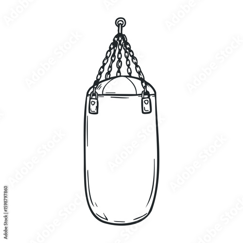 Hanging boxing punching bag sketch with chains in black outline on white background. Vector illustration