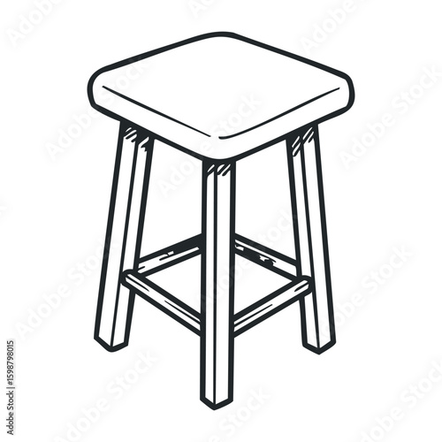 Simple wooden stool drawing with four legs and square seat in black and white. Vector illustration