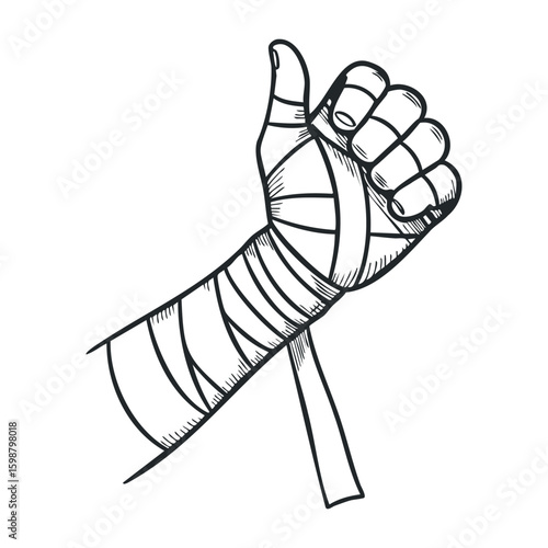 Hand with wrapped bandage showing thumbs up gesture in sketch style. Vector illustration