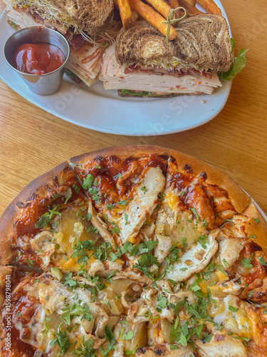 Barbecue chicken pizza and turkey club sandwich in Sedona, Arizona