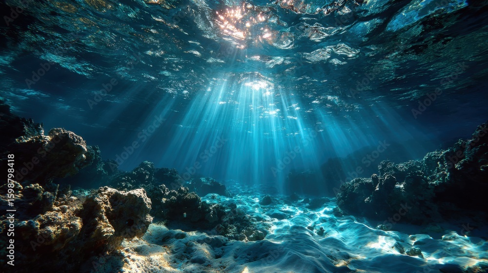 Fototapeta premium A beautiful underwater scene with sunlight shining through the water. The water is clear and blue, and there are many rocks and coral in the area. The sunlight creates a peaceful and serene atmosphere