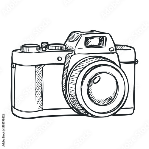 Sketch of vintage camera with detailed lens and buttons in black ink design. Vector illustration
