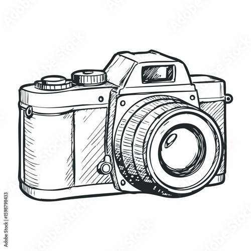 Vintage style retro camera sketch with detailed lens and buttons. Vector illustration