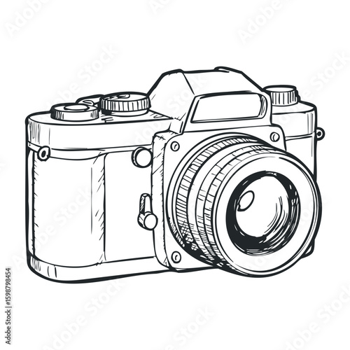 Vintage sketch of a classic camera with lens and buttons. Vector illustration