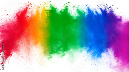 Vibrant explosion of rainbow colored powder on a white background for Holi festival