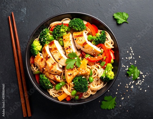 Grilled chicken with noodles and vegetables
