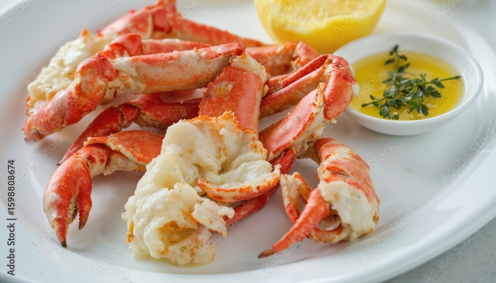 Delicious king crab legs served with melted butter, fresh herbs, lemon wedge on white plate. Gourmet seafood dish offers rich, elegant dining experience, perfect for celebrations special occasions. Delicious king crab legs served with melted butter, fresh herbs, lemon wedge on white plate. Gourmet seafood dish offers rich, elegant dining experience, perfect for celebrations special occasions.