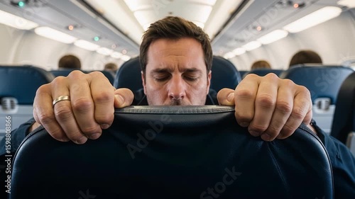 Nervous passenger gripping airplane armrests tightly during takeoff showing flight anxiety and fear of flying