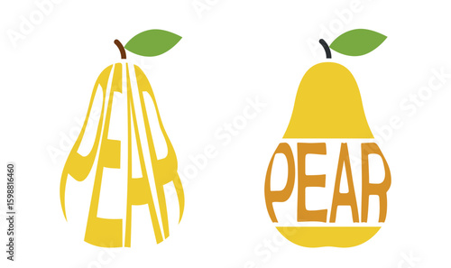 Two pears with inscription pear. Natural organic fruits. Harvest, agriculture and gardening symbols. Isolated vector images