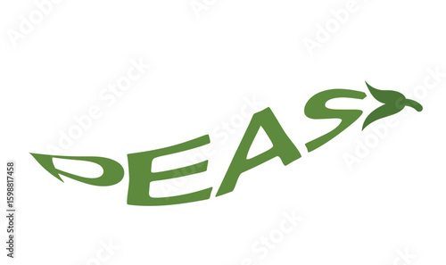 Inscription peas in shape of peas. Vegetable, planting and harvest symbol. Natural organic food. Isolated vector image