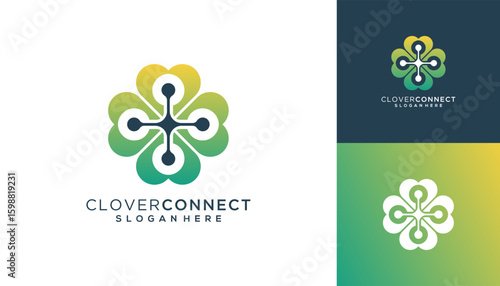 Minimalist combined of four-leaf clover with dot connected concept, Clover Tech logo design vector ideas.