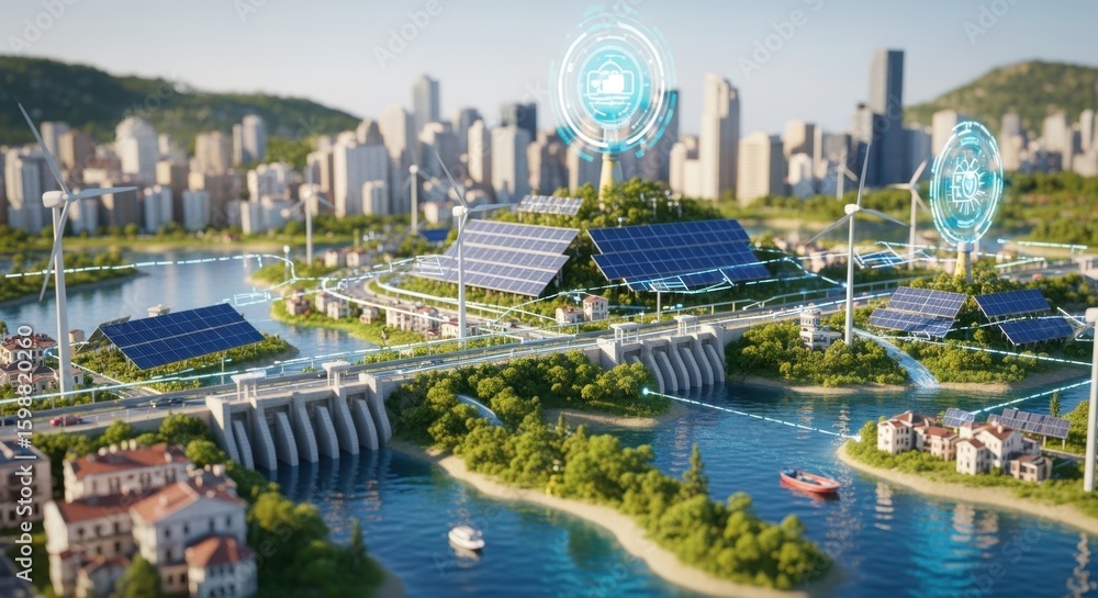 Naklejka premium Conceptual digital art showing interconnected clean energy systems promoting environmental responsibility.