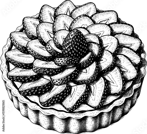 Strawberry tart with glossy fruit slices and custard filling, hand-drawn style