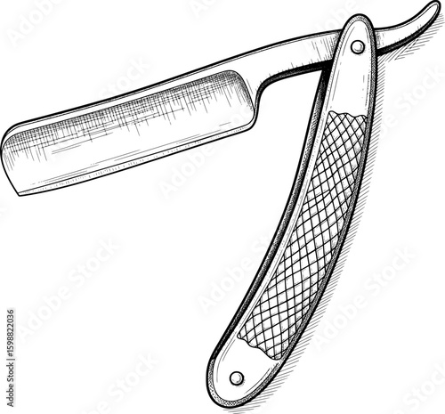 Vintage straight razor with open blade and textured handle, hand-drawn style