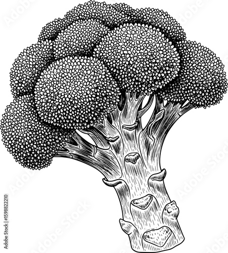 Fresh broccoli head with dense florets and thick stalk, hand-drawn style