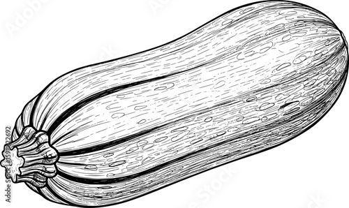 One zucchini with detailed skin lines and texture, hand-drawn style