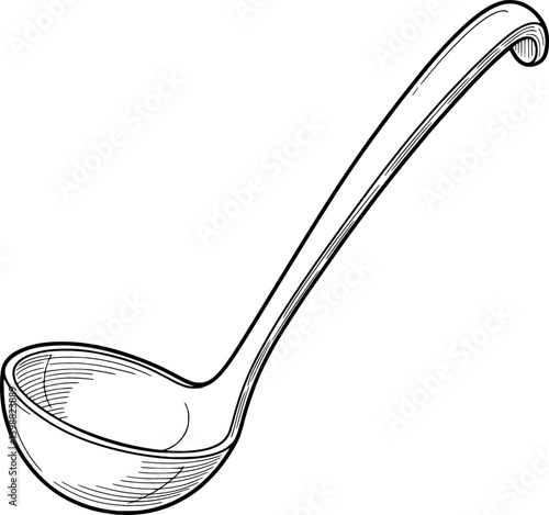 Single ladle with deep round bowl and long handle, hand-drawn style
