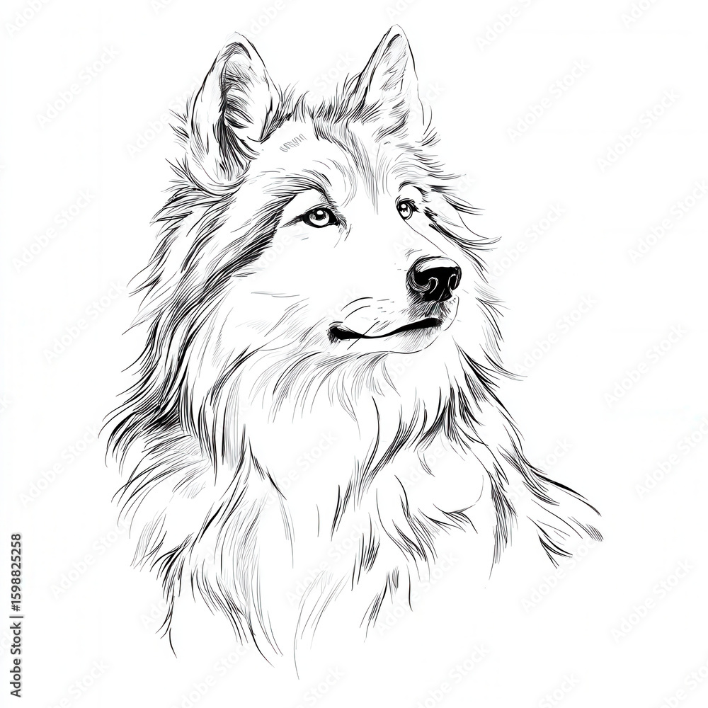 Fototapeta A beautiful black and white ink drawing shows a detailed wild wolf head looking sideways in a striking animal portrait.
