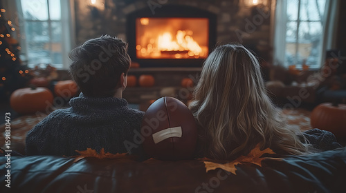 Cozy Autumn Evening Couple Relaxing by Fireplace with Football