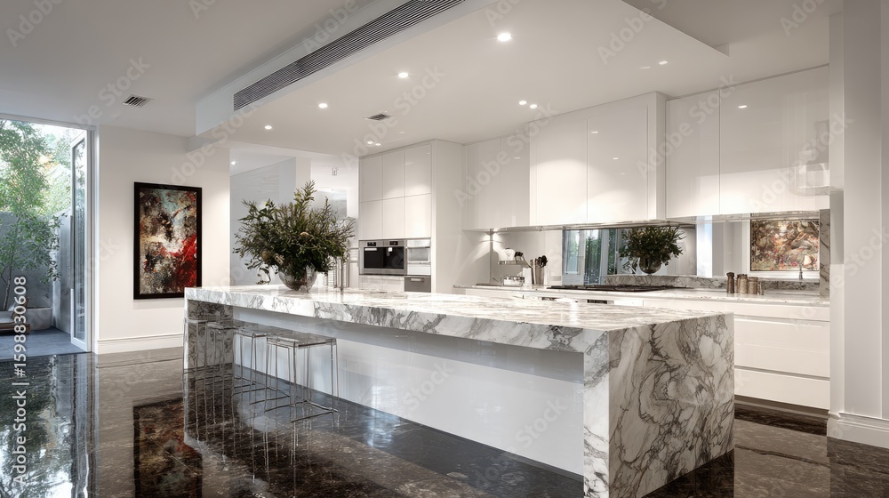 Fototapeta premium Modern kitchen with a large island countertop.