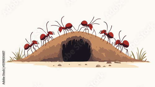 Ants Walking Towards Anthill Cartoon Illustration