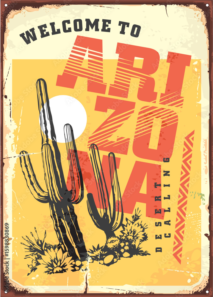 custom made wallpaper toronto digitalWelcom to Arizona vintage tin sign. Desert landscape with cactus graphic retro vector illustration.