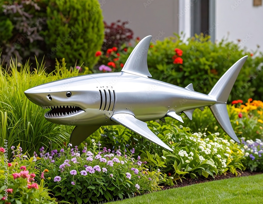 custom made wallpaper toronto digitalMetallic shark sculpture in garden (1)