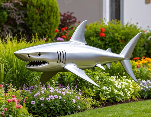 Wallpaper Mural Metallic shark sculpture in garden (1) Torontodigital.ca