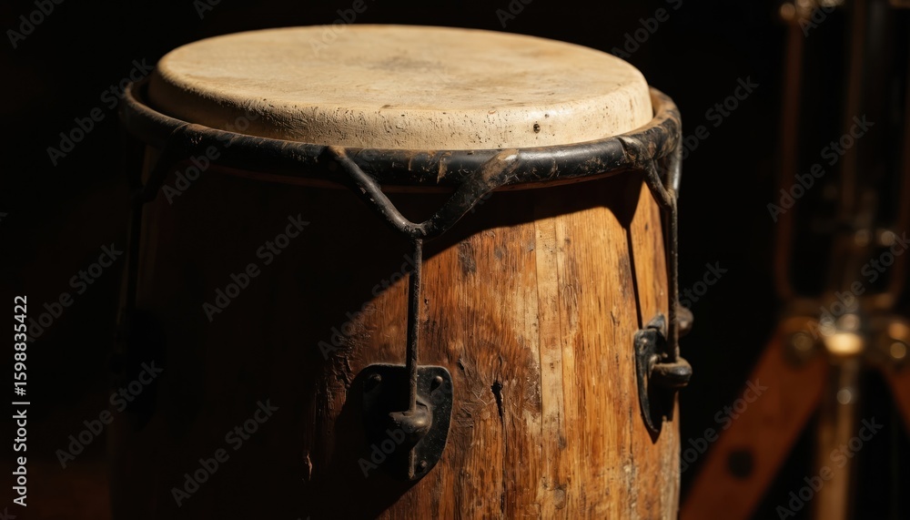 Fototapeta premium Vintage conga drum crafted from wood with metal hardware, musical tradition, rhythm. Percussion instrument features natural leather head, rustic wooden body, embodying ethnic culture, authentic sound.