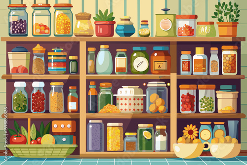 vector of A pantry with glass and food baskets arranged neatly on the shelves...