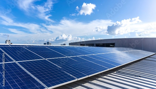 Solar panels on a rooftop under a partly cloudy sky.  Modern clean energy