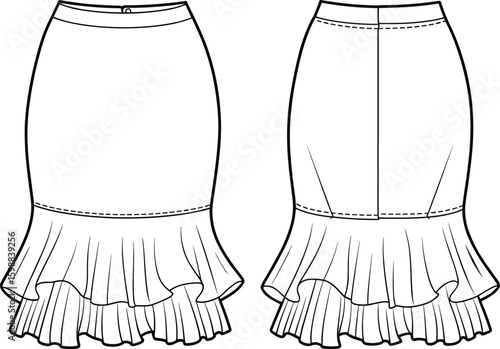 Women’s pencil skirt fashion sketch front and back views with ruffled layered hem, waistband detail, slim silhouette, cad drawing flat vector illustration