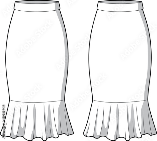 Women’s pencil skirt fashion sketch front and back views with flounce hem, fitted waistband, elegant silhouette, cad drawing flat vector illustration