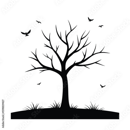 Lone bare tree silhouette with birds taking flight against a simple background